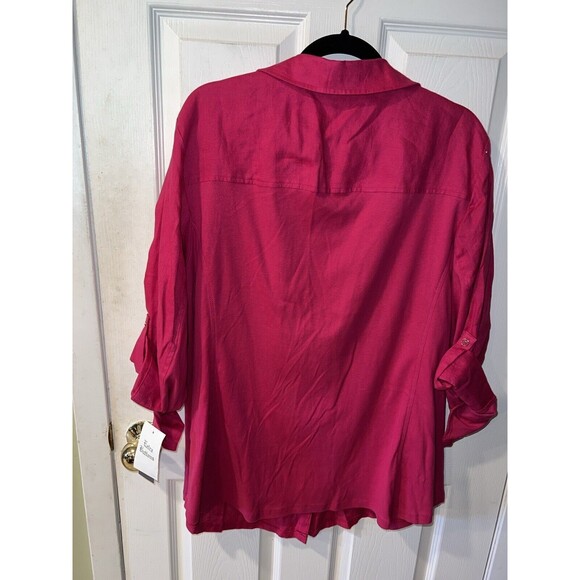 JM Collection Linen Blouse Womens Plus Sz 22W Roll Tab Sleeve Pink Button Up New - Picture 7 of 8